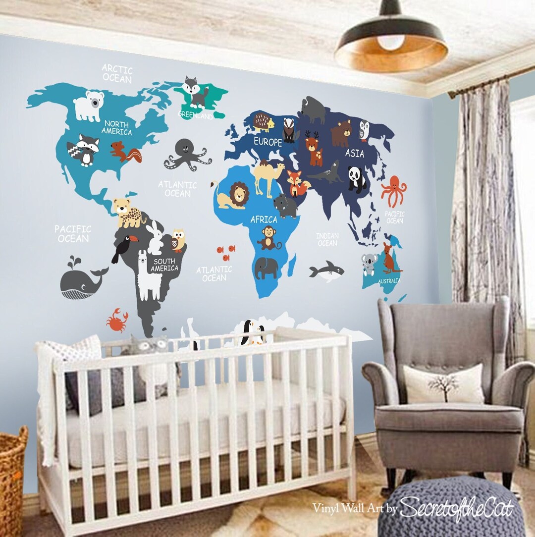 World Map Wall Decal – Animals, Nursery Decor - Etsy UK