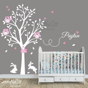 Wall Decals Nursery Tree with Owls and bunnies Tree and Name Wall decal for boys and girls nursery White Tree Wall Decal Nursery Decor image 2