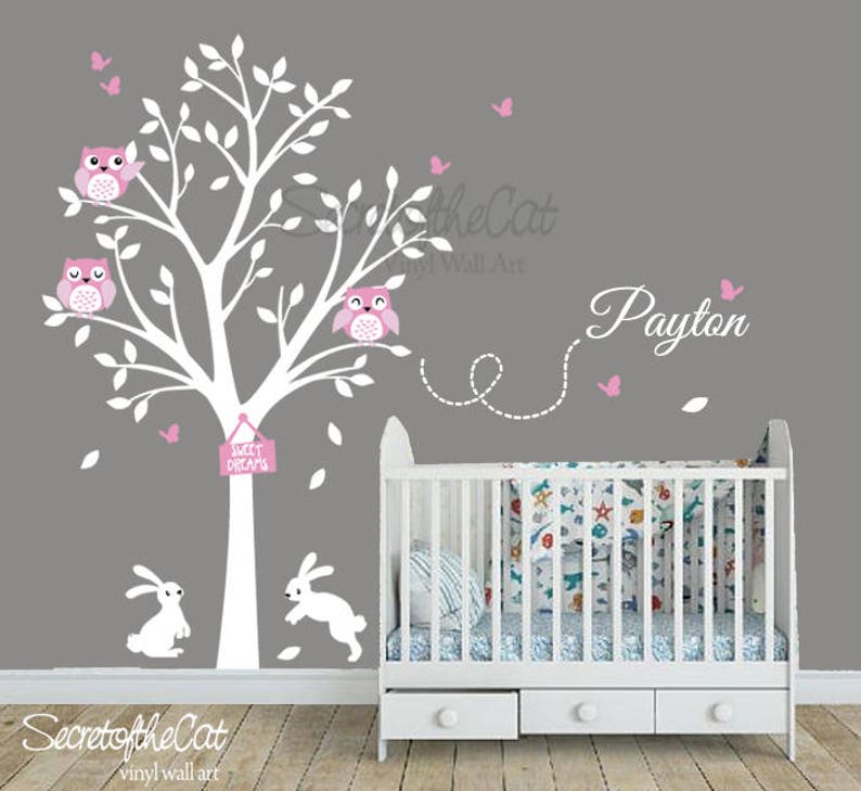 Wall Decals Nursery Tree with Owls and bunnies Tree and Name Wall decal for boys and girls nursery White Tree Wall Decal Nursery Decor image 2