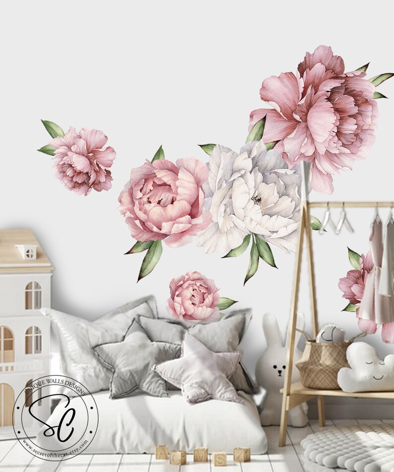 Peony Wall Decal, Pink Flowers Wall Stickers, Peel and Stick Flowers ...