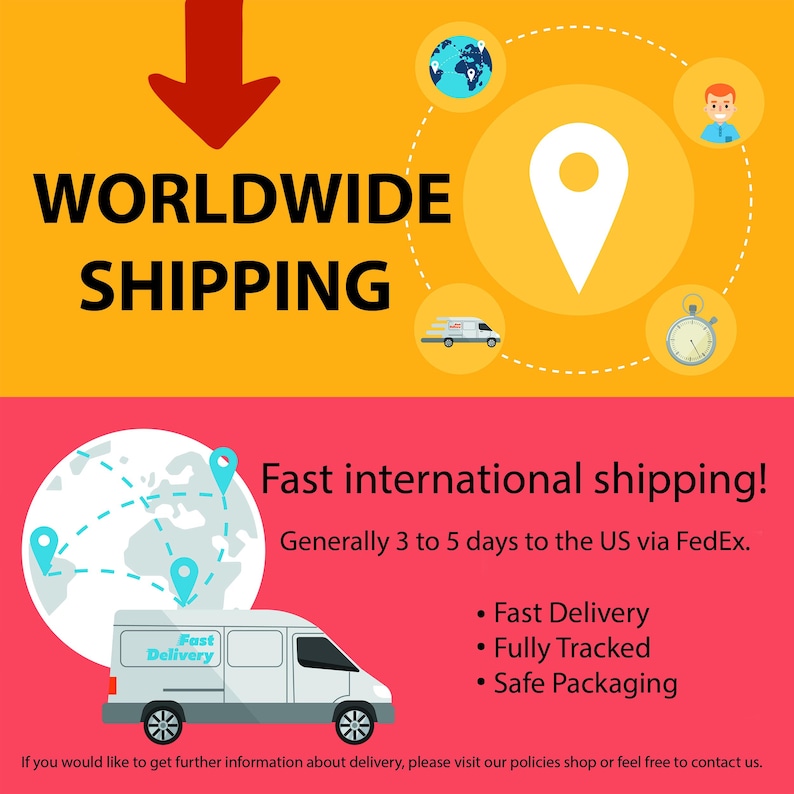 Peut inclure: Une banni&egrave;re graphique avec une section sup&eacute;rieure jaune, une fl&egrave;che rouge, le texte WORLDWIDE SHIPPING et des ic&ocirc;nes de globe, personne, camion et horloge. La section rose affiche un globe, un camion de livraison et le texte Fast international shipping!