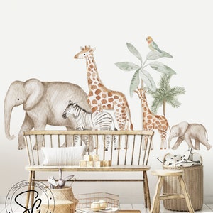 Pegatinas de animales de safari, animales de la jungla, calcomanías para guardería, decoración de habitación infantil, calcomanías de pared de safari, despegar y pegar, calcomanías de animales de la jungla