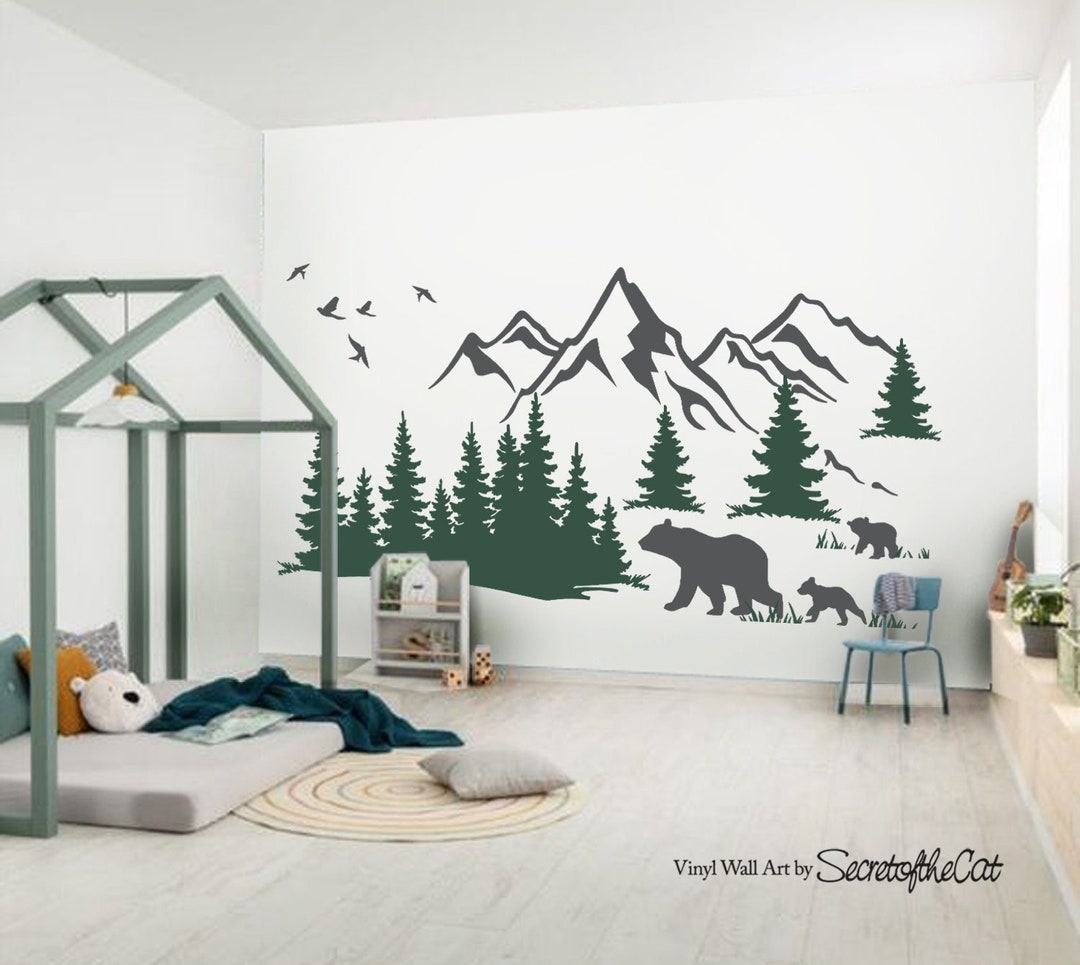 Mountain Wall Sticker Mountain Landscape With Bears Mountain Wall Decal