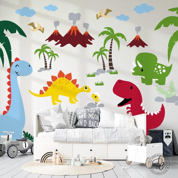 Custom Name Dinosaur World Wall Mural Decal, Large Nursery Decor Set, Removable Matte Vinyl Peel & Stick, Neutral Dino Kids Feature Wall