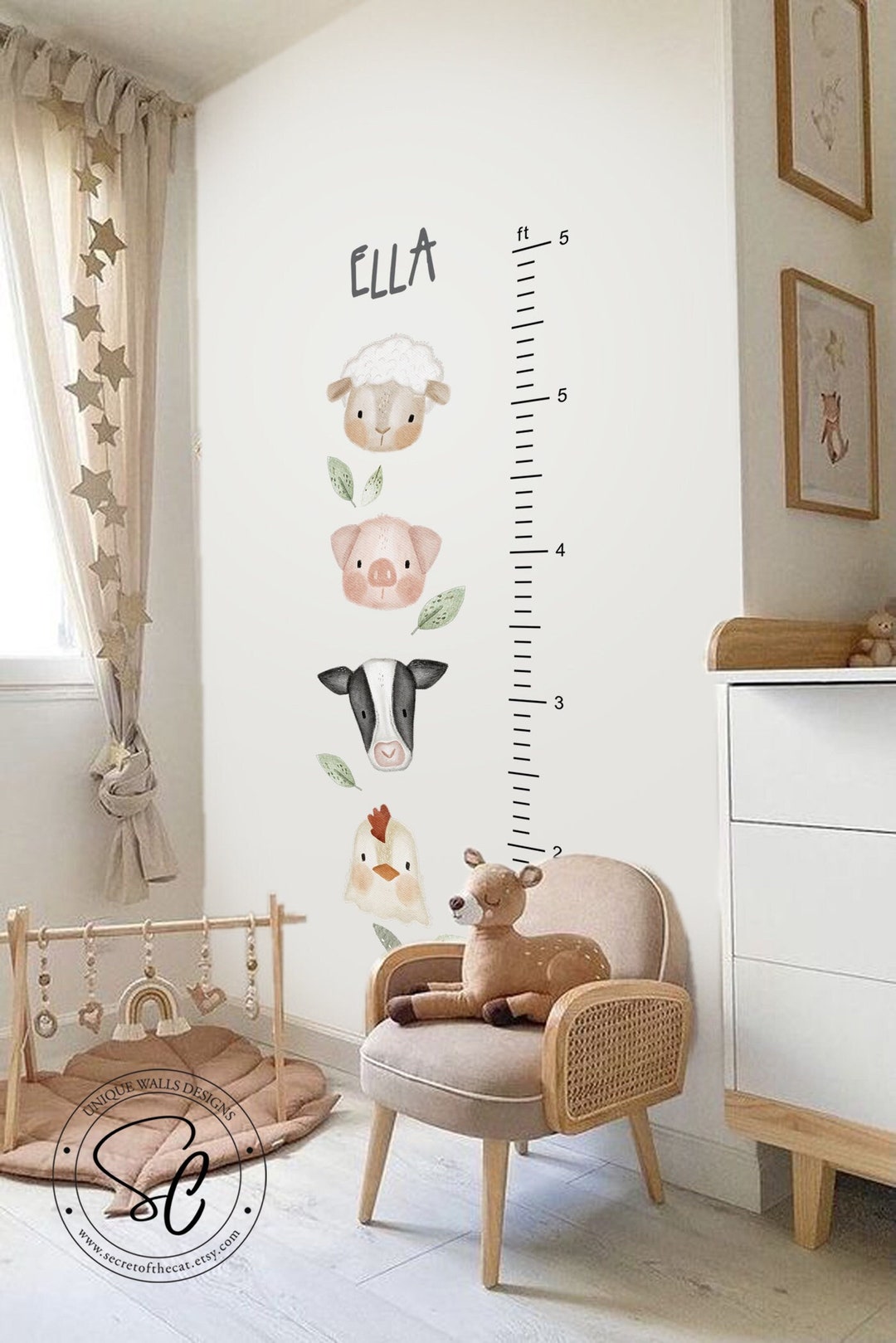 Nursery Growth Chart Wall Decal, Farm Animals, Children's Room Wall