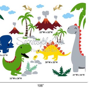 May include: A set of dinosaur-themed vinyl wall decals featuring a blue triceratops, a green tyrannosaurus, a yellow stegosaurus, and a gray long-necked dinosaur, alongside volcanoes, palm trees, and pterodactyls, with dimensions labeled in inches.