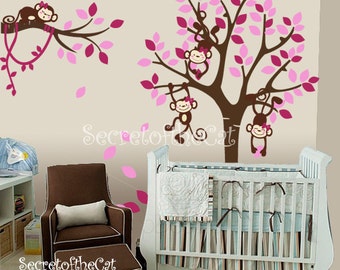 Tree and Monkeys Decals - Nursery wall decal - Wall Decals Nursery -  Baby Tree Decal - Girly Monkey Decal - Nursery - Girl decal