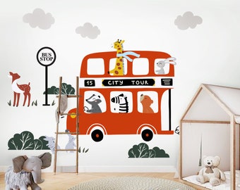 London Bus Wall decal, Baby Nursery Wall Stickers, grande decalcomania murale, decalcomania boschiva, decorazioni murali per bambini, adesivo murale scuolabus, decorazione sala giochi