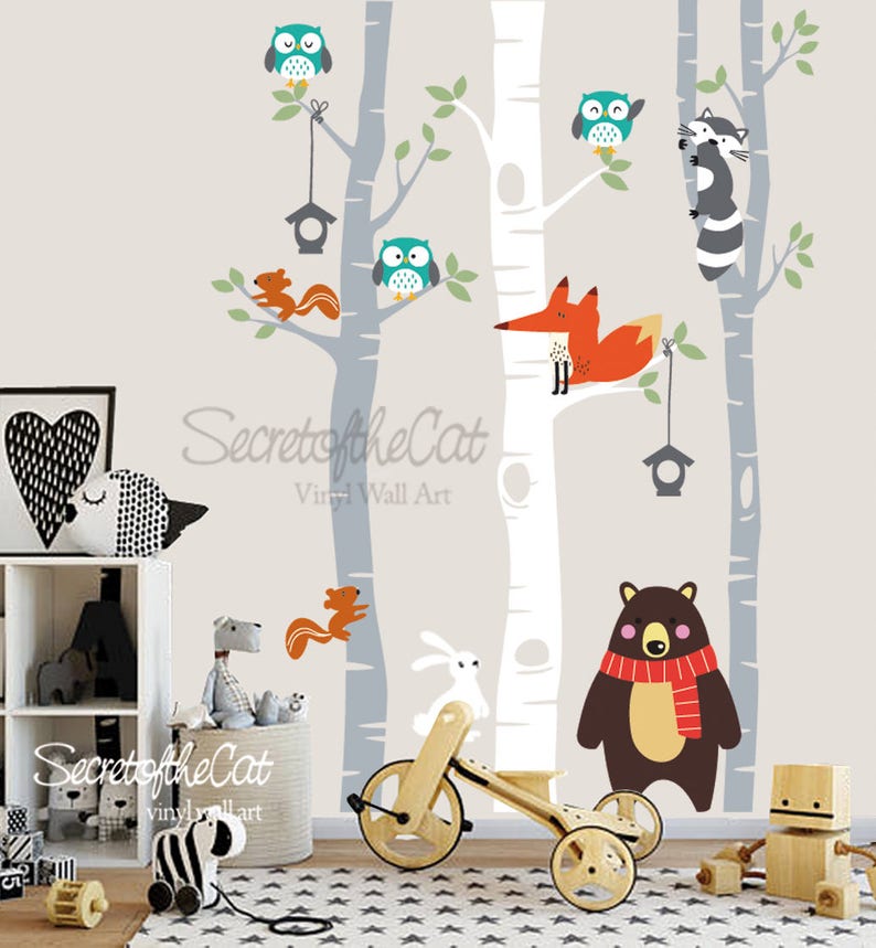 Forest Animals With Birch Trees Wall Decal Wall Decal Nursery Etsy