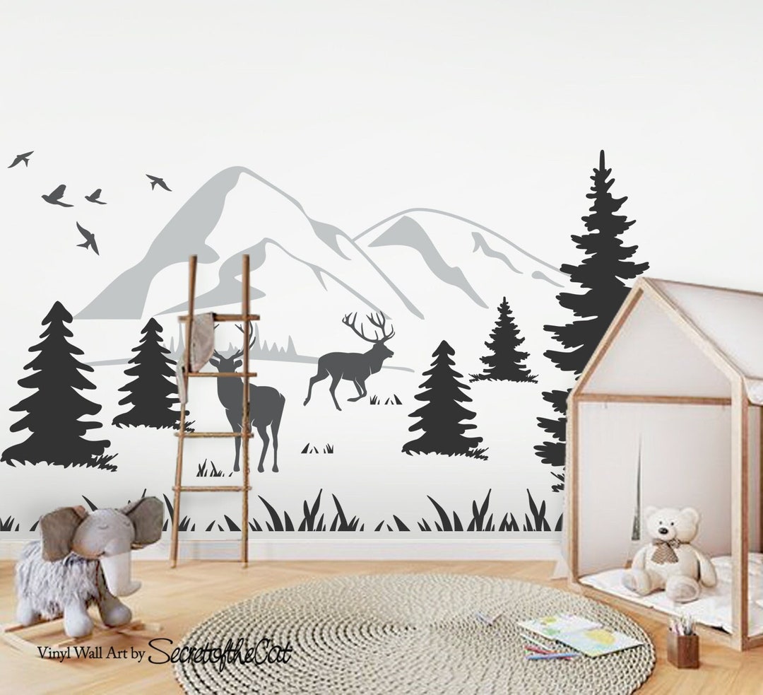 Mountain Landscape Vinyl Wall Decal – Deer & Pine Tree Mural - Etsy