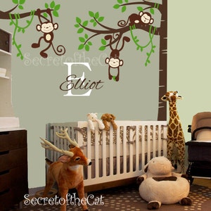 Nursery Wall Decals Nursery Baby Garden Tree Vinyl Wall Decal Tree Decal with Custom Name Tree wall Decal and Monkeys