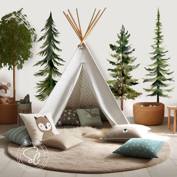 Pine Forest Wall Decals, Watercolor Trees, Kids Room Decor, Peel and ...