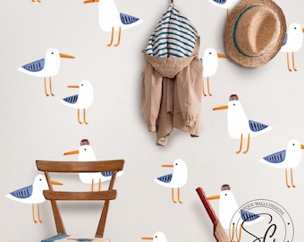 Serenas gaviotas costeras, vinilo decorativo de tela para pared, vinilos decorativos minimalistas de acuarela para habitación infantil.