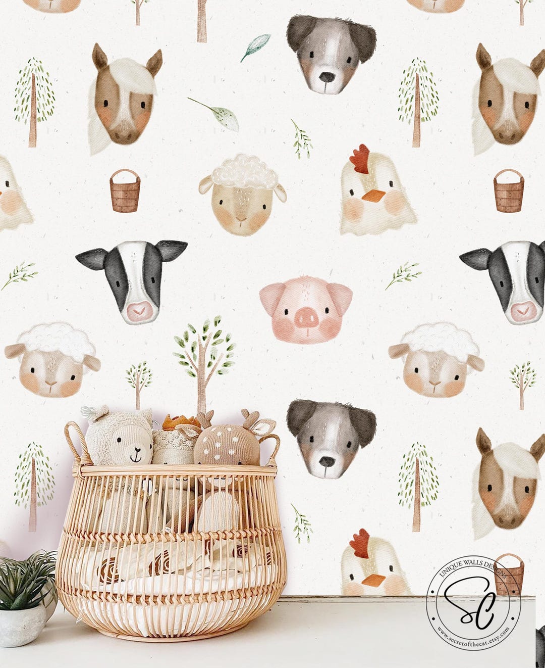 Kids Animals Wallpaper Peel and Stick, Watercolor Nursery Wall Mural ...