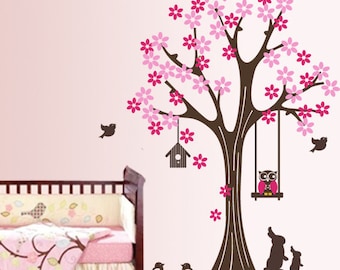 Nursery decals tree, wall decals nursery, tree and animals, baby tree decal, tree wall sticker, Wall stickers Tree, girls wall decal, Tree