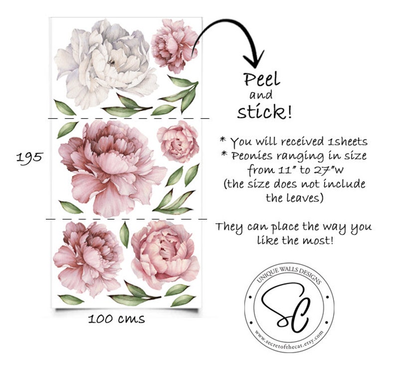 Peony Wall Decal, Pink Flowers Wall Stickers, Peel and Stick Flowers ...
