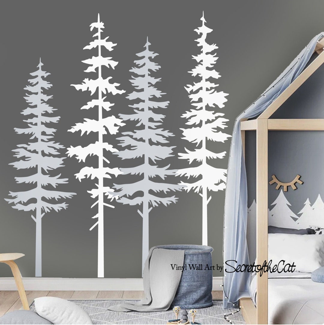 Pine Tree Forest Wall Decals, Pine Tree Decal Set of 4, Wall Decals