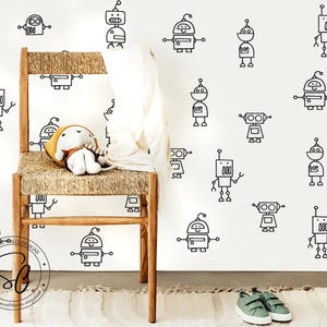 May include: A white wall with black robot stickers. The robots are in various poses and sizes. Some robots have antennas, some have arms, and some have legs. The robots are all outlined in black.