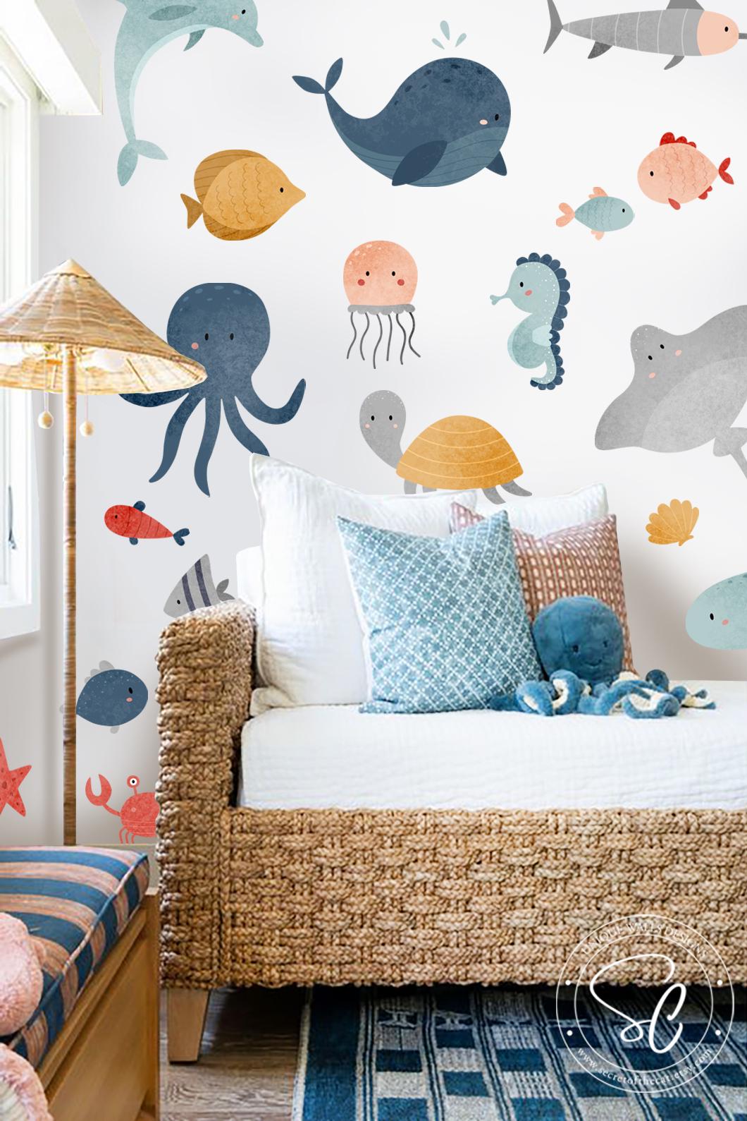 Buiory DIY Ocean Wall Decals – Removable Under The Sea Stickers, 2 Sheets 30x90cm, Watercolor Sea Creatures