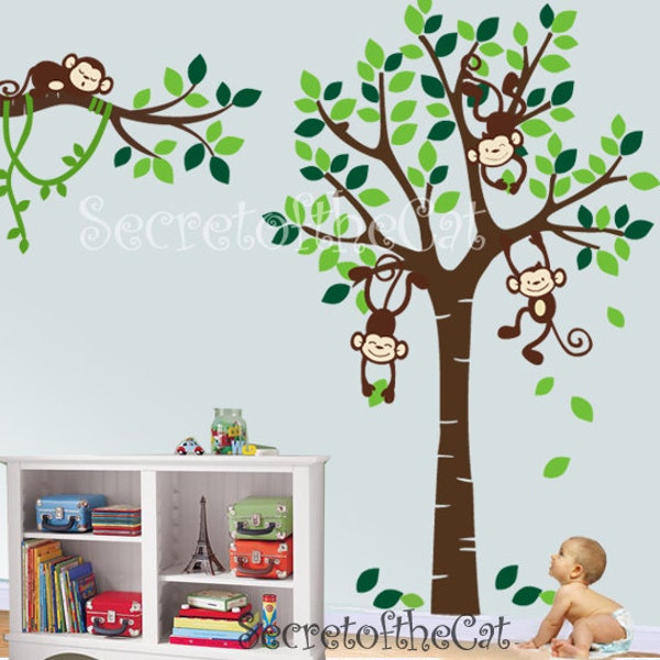 Tree and monkey decal -Wall decal Kids-Wall Decal Nursery- Tree with Monkeys - Baby Tree Decal -Monkey Decal - Nursery Decor-Wall Decal Tree