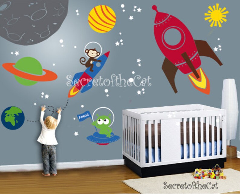 Space Wall Decals Outer Space Nursery Decor Rocket Ship Etsy