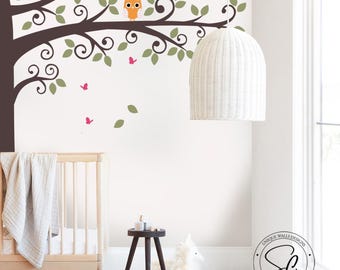 Corner Tree Vinyl Decal – Owls and Butterflies, Nursery Wall Decor