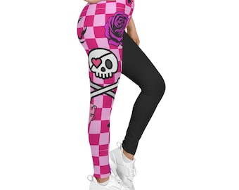 Pink Checker Skull & Rose Leggings | Gothic Punk Pattern Leggings