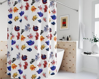 Colorful Betta Fish Pattern Shower Curtain | Tropical Aquarium Bathroom Decor
