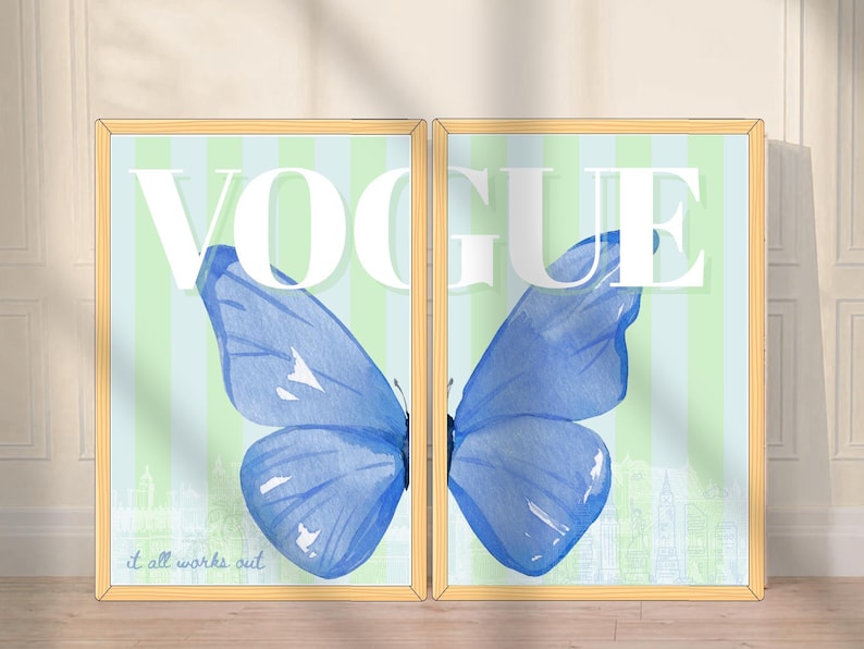 May include: Two framed art prints featuring a blue watercolor butterfly with the word "VOGUE" in white. The background has vertical stripes in light green and blue. The phrase "it all works out" is at the bottom.