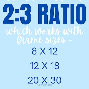 May include: A light blue background with the text "the download is a 2:3 RATIO which works with frame sizes - 8 X 12, 12 X 18, 20 X 30, 24 X 36". The text is in white and blue.