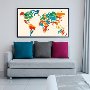 Dierenwereldkaart | Digitaal kunstwerk | Wanddecoratie | Wereldkaart cadeaukunst | Kunst voor kinderen en dierenliefhebbers