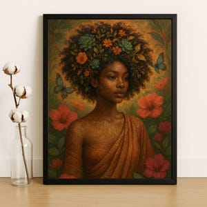 Black woman afro floral portrait wall art print,boho digital poster, african american wall decor, canvas wall art print, digital wall art