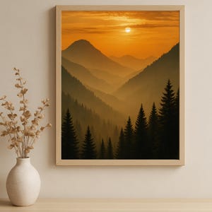 Sunset Mountain Wall Art Printable, Misty Forest Landscape, Orange Nature Poster,Boho Scenic Artwork, sunset wall art print digital download