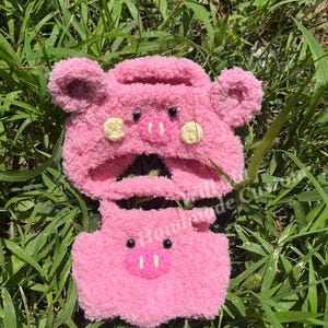 Rosa Schwein Labubu Outfit gehäkelt: Puppenkleidung & Hut