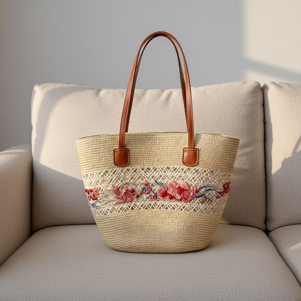 Handmade Embroidered Straw Tote Bag - Floral Beach Bag for Women, Boho Summer Shoulder Bag, Woven Vacation Purse, Cottagecore Market Tote,
