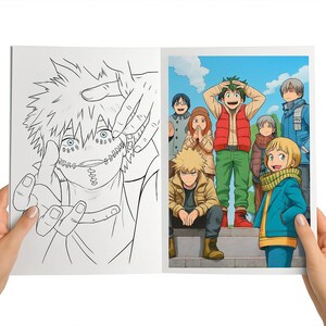 May include: A coloring book open to two pages. One page features a black and white illustration of a character with stitched facial features. The other page shows a group of colorful anime characters standing outside on a sunny day.