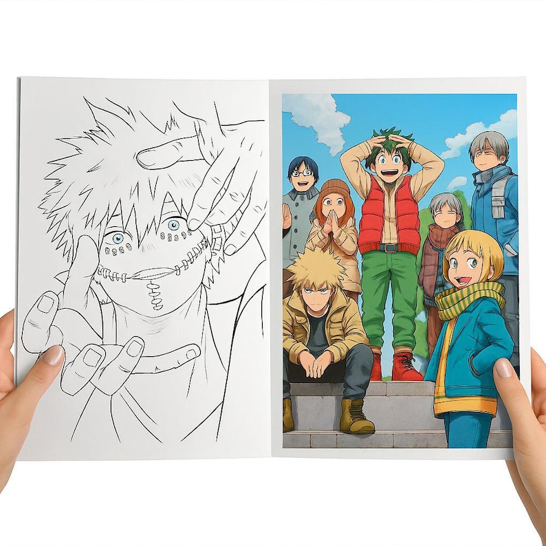 May include: A coloring book open to two pages. One page features a black and white illustration of a character with stitched facial features. The other page shows a group of colorful anime characters standing outside on a sunny day.