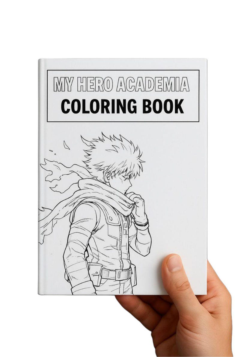 May include: A white coloring book with the text "MY HERO ACADEMIA COLORING BOOK" in a black rectangular box. The cover features a black and white illustration of a character from the anime series.
