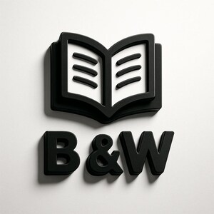 May include: A black and white logo featuring an open book icon above the letters "B&W". The book is open, with white pages and black outlines. The letters are also black, with a 3D effect, set against a white background.