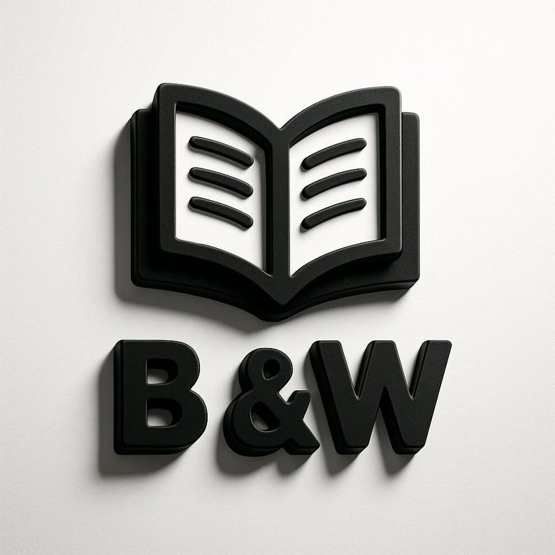 May include: A black and white logo featuring an open book icon above the letters "B&W". The book is open, with white pages and black outlines. The letters are also black, with a 3D effect, set against a white background.