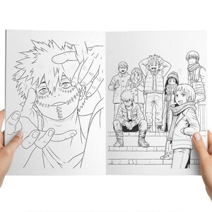 May include: A black and white manga coloring book open to two pages. One page features a detailed illustration of a character with stitched facial features. The other page shows a group of characters in winter clothing.