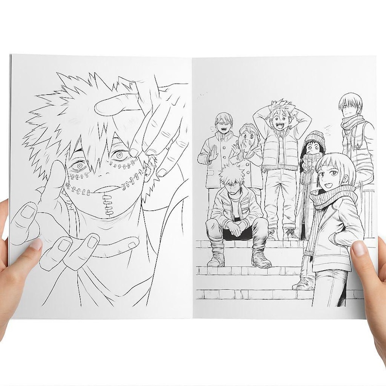 May include: A black and white manga coloring book open to two pages. One page features a detailed illustration of a character with stitched facial features. The other page shows a group of characters in winter clothing.