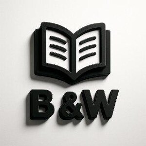 Może przedstawiać: Czarno-białe logo 3D przedstawiające otwartą książkę z trzema liniami na każdej stronie i literami "B&W" poniżej. Logo umieszczono na białym tle, tworząc mocny kontrast.