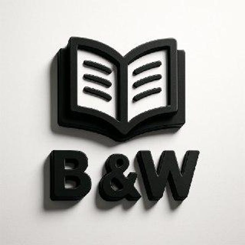 Może przedstawiać: Czarno-białe logo 3D przedstawiające otwartą książkę z trzema liniami na każdej stronie i literami "B&W" poniżej. Logo umieszczono na białym tle, tworząc mocny kontrast.