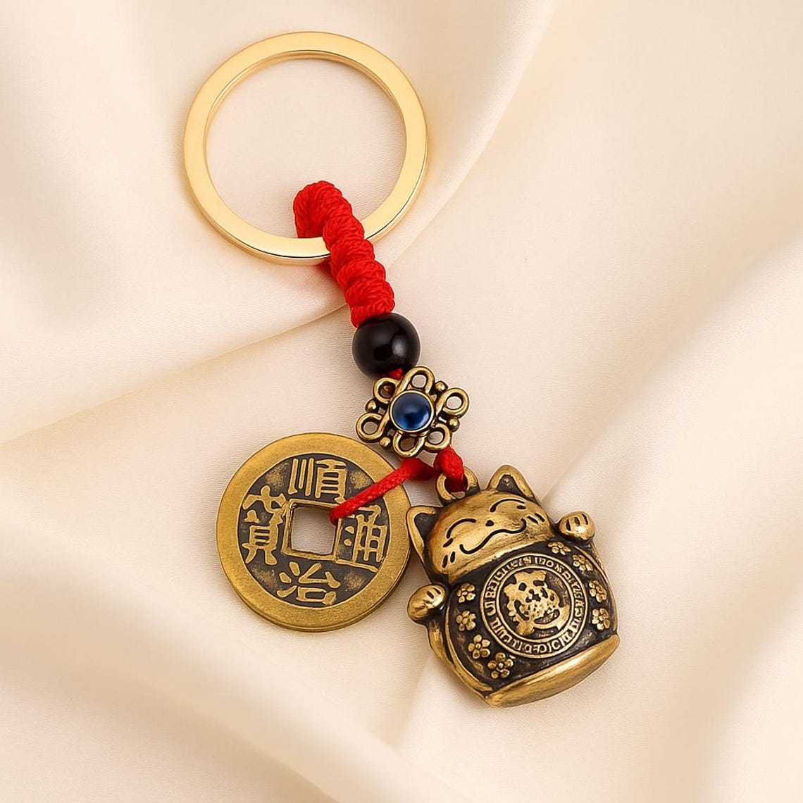 Lucky Cat Keychain With Feng Shui Coins – Fortune Charm Gift - Etsy