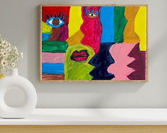 Puede incluir: Pintura de arte abstracto en un marco de madera. La obra presenta un rostro colorido con fondo rojo, ojo azul, labios rosas y varios otros colores. La pintura se exhibe sobre una superficie blanca.