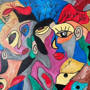 Muurkunst kleurrijke abstracte gezichten – digitale download – moderne expressionistische printbare poster