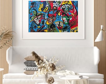 Puede incluir: Pintura de arte abstracto en un marco blanco. La obra presenta una vibrante composición de rostros y figuras en rojo, azul, amarillo y verde sobre un fondo azul. La pintura se exhibe sobre un sofá blanco con cojines decorativos.