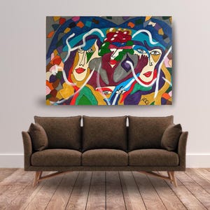 Kunstdruk kleurrijke kubistische gezichten, modern abstract expressionistisch portret, digital download, vibrant art wall decor