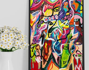 Puede incluir: Impresión artística abstracta en un marco negro. La obra presenta una vibrante mezcla de colores, incluyendo rojo, amarillo, verde, azul y morado. La pintura tiene una variedad de formas, con contornos negros que definen las figuras.